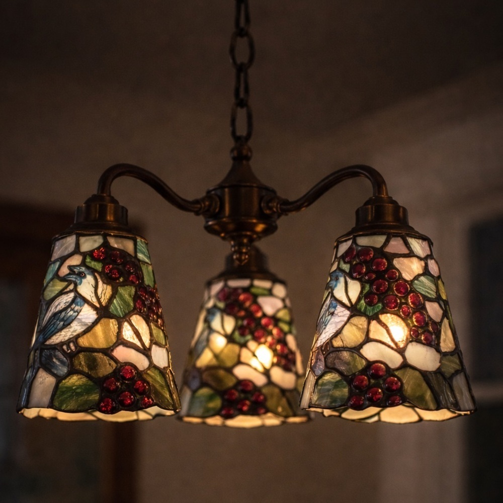 Antique Vtg Tiffany Style Stained Glass Grape & Blue Jay Light Shades Set of 3